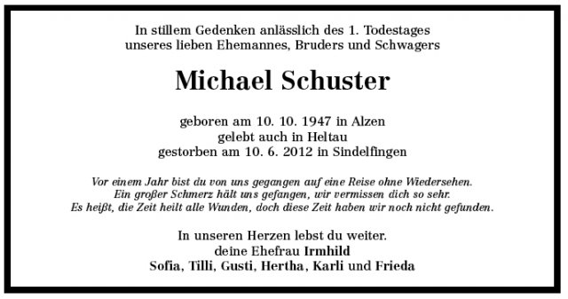 Schuster Michael 1947-2012 Todesanzeige